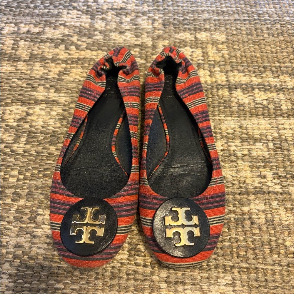Tory Burch Minnie Scrunch striped logo ballet flats